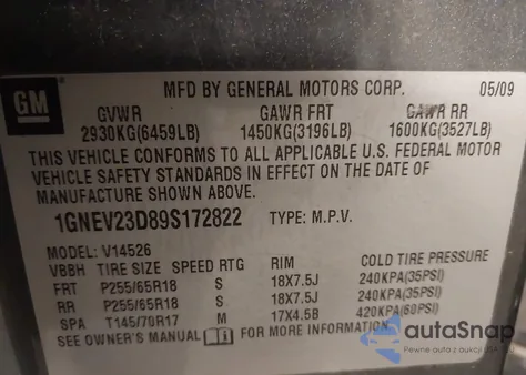 2009 Chevrolet Traverse Lt z USA, uszkodzony, nr VIN 1GNEV23D89S172822